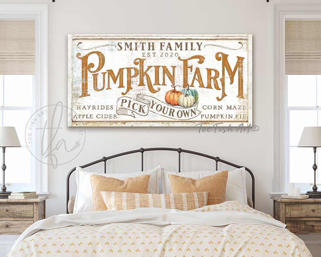Pick Your Own Pumpkin Farm Sign handmade by ToeFishArt. Original, custom, personalized wall decor signs. Canvas, Wood or Metal. Rustic modern farmhouse, cottagecore, vintage, retro, industrial, Americana, primitive, country, coastal, minimalist.