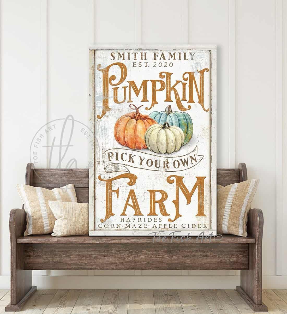 Pick Your Own Pumpkin Farm Sign Hayrides Corn Maze Apple Cider handmade by ToeFishArt. Original, custom, personalized wall decor signs. Canvas, Wood or Metal. Rustic modern farmhouse, cottagecore, vintage, retro, industrial, Americana, primitive, country, coastal, minimalist.