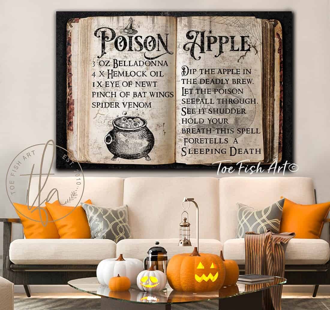 Poison Apple Spell Sign handmade by ToeFishArt. Original, custom, personalized wall decor signs. Canvas, Wood or Metal. Rustic modern farmhouse, cottagecore, vintage, retro, industrial, Americana, primitive, country, coastal, minimalist.