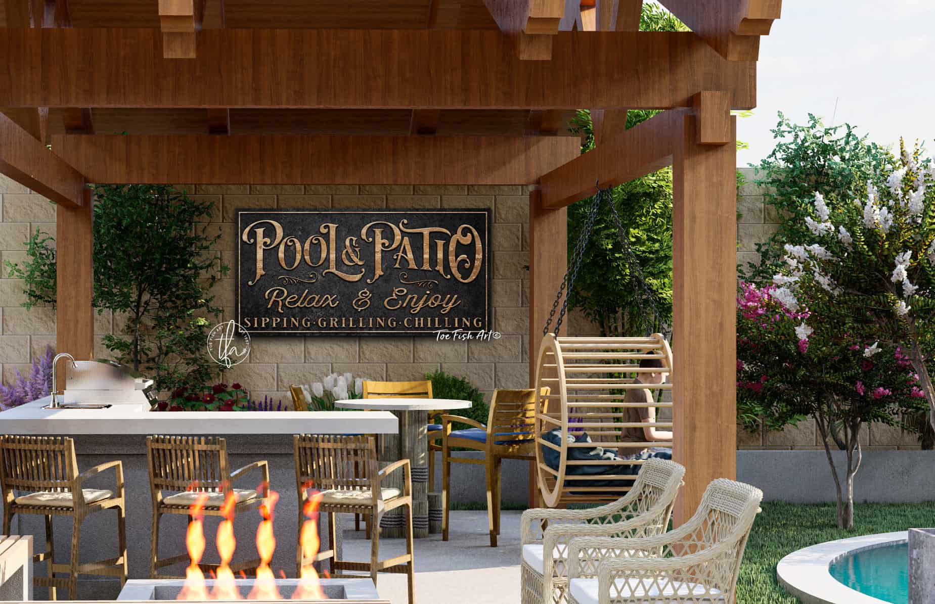 Pool & Patio Sign handmade by ToeFishArt. Original, custom, personalized wall decor signs. Canvas, Wood or Metal. Rustic modern farmhouse, cottagecore, vintage, retro, industrial, Americana, primitive, country, coastal, minimalist.