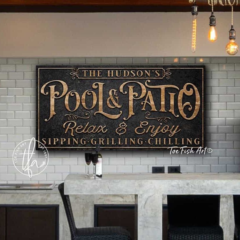 The compliments will make a splash with this top-selling, 5-star review Personalized Pool & Patio Family Name Sign by Toe Fish Art. Relax and enjoy sipping, grilling and chilling poolside with your outdoor living space upgrade. Be surrounded by decor you LOVE! Choose between premium framed canvas or durable outdoor metal. Toe Fish Art makes artisan wall art with American materials. Proudly Made in the USA, each piece is expertly constructed with genuine craftsmanship, heritage quality, and rustic charm.