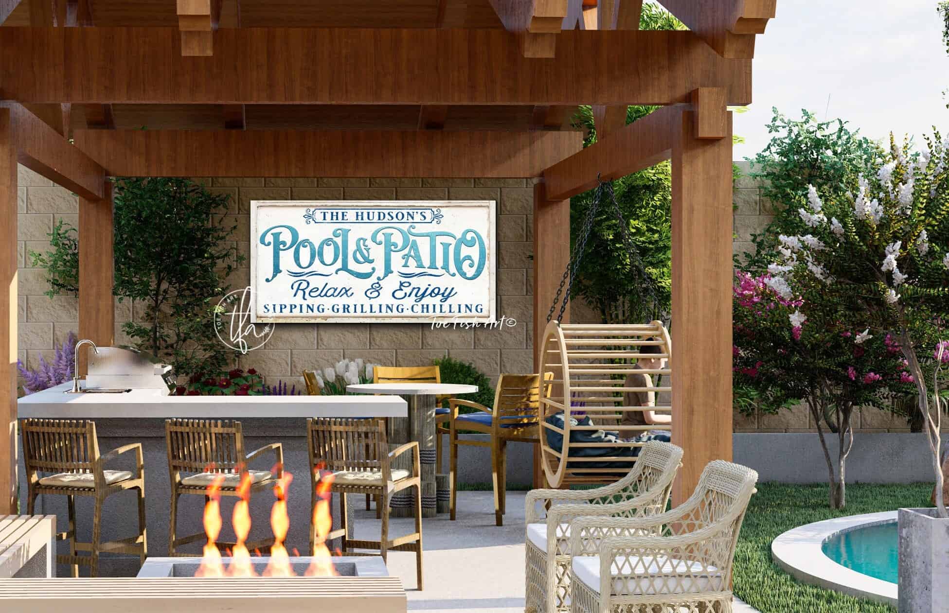 Pool & Patio Sign handmade by ToeFishArt. Original, custom, personalized wall decor signs. Canvas, Wood or Metal. Rustic modern farmhouse, cottagecore, vintage, retro, industrial, Americana, primitive, country, coastal, minimalist.