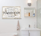 Powder Room Sign handmade by ToeFishArt. Original, custom, personalized wall decor signs. Canvas, Wood or Metal. Rustic modern farmhouse, cottagecore, vintage, retro, industrial, Americana, primitive, country, coastal, minimalist.