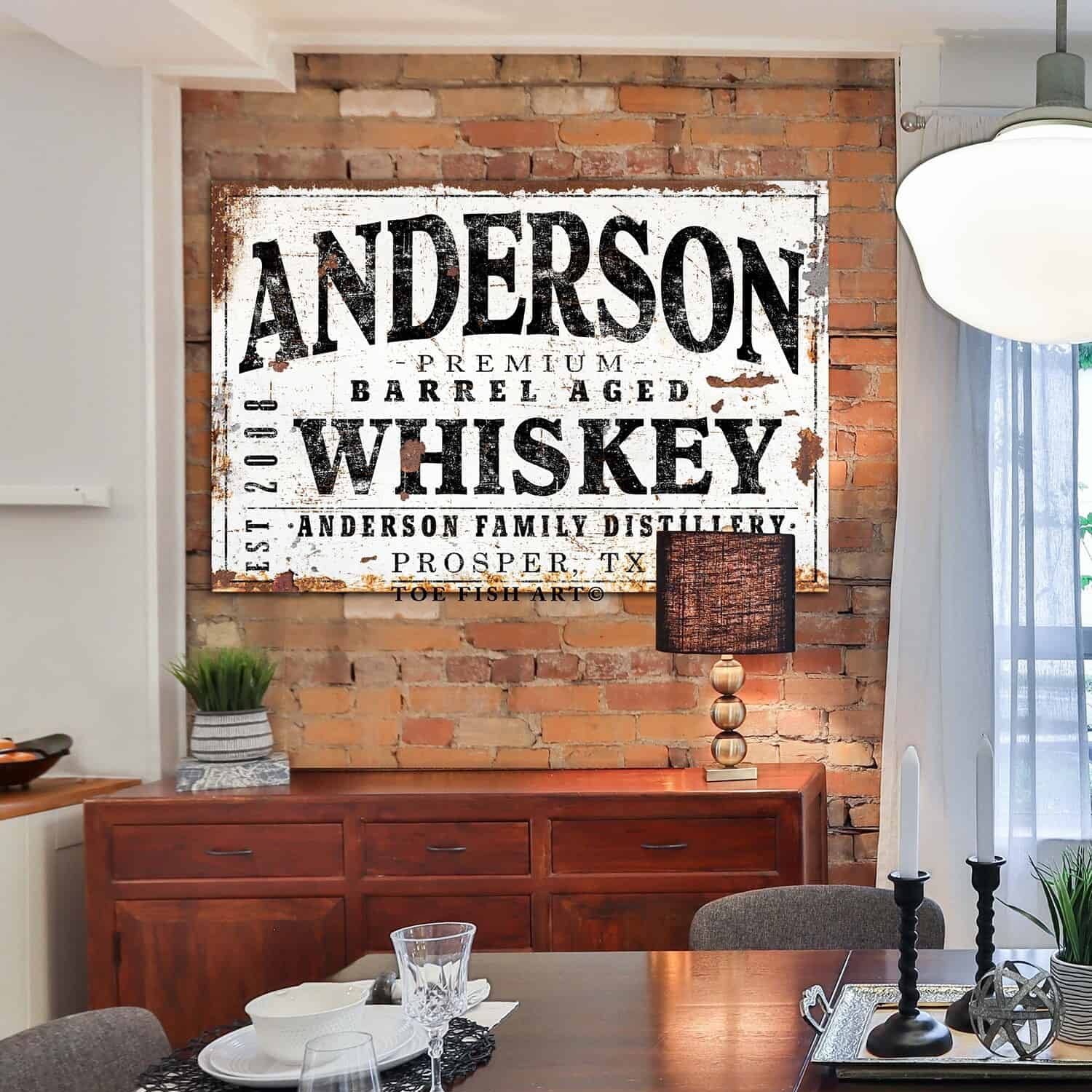 Premium Barrel Aged Whiskey Sign handmade by ToeFishArt. Original, custom, personalized wall decor signs. Canvas, Wood or Metal. Rustic modern farmhouse, cottagecore, vintage, retro, industrial, Americana, primitive, country, coastal, minimalist.
