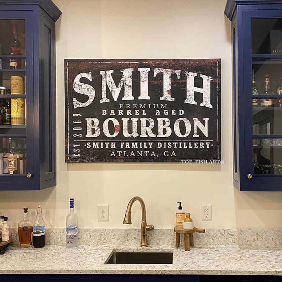 Premium Barrel Aged Whiskey Sign handmade by ToeFishArt. Original, custom, personalized wall decor signs. Canvas, Wood or Metal. Rustic modern farmhouse, cottagecore, vintage, retro, industrial, Americana, primitive, country, coastal, minimalist.