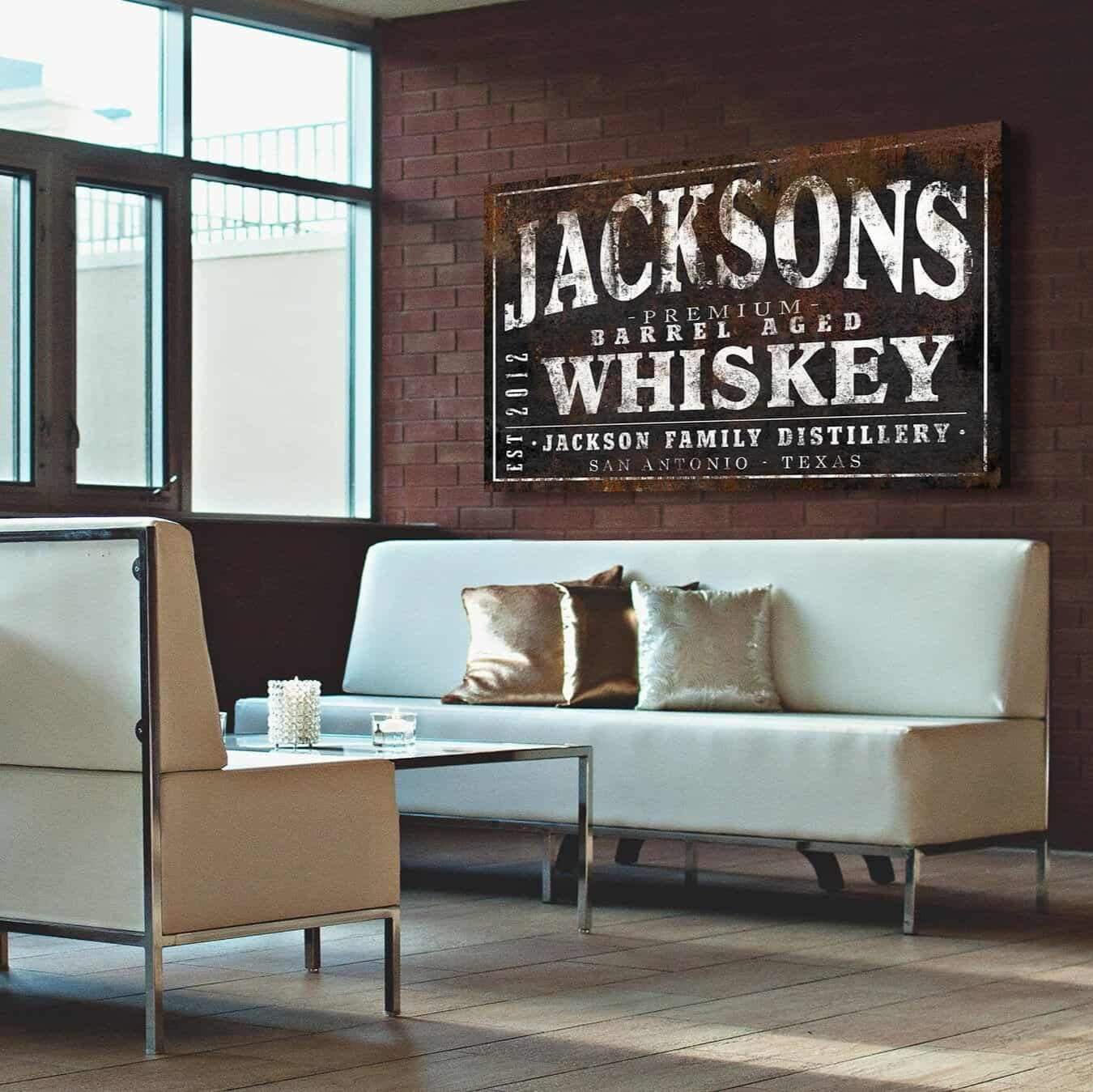 Premium Barrel Aged Whiskey Sign handmade by ToeFishArt. Original, custom, personalized wall decor signs. Canvas, Wood or Metal. Rustic modern farmhouse, cottagecore, vintage, retro, industrial, Americana, primitive, country, coastal, minimalist.