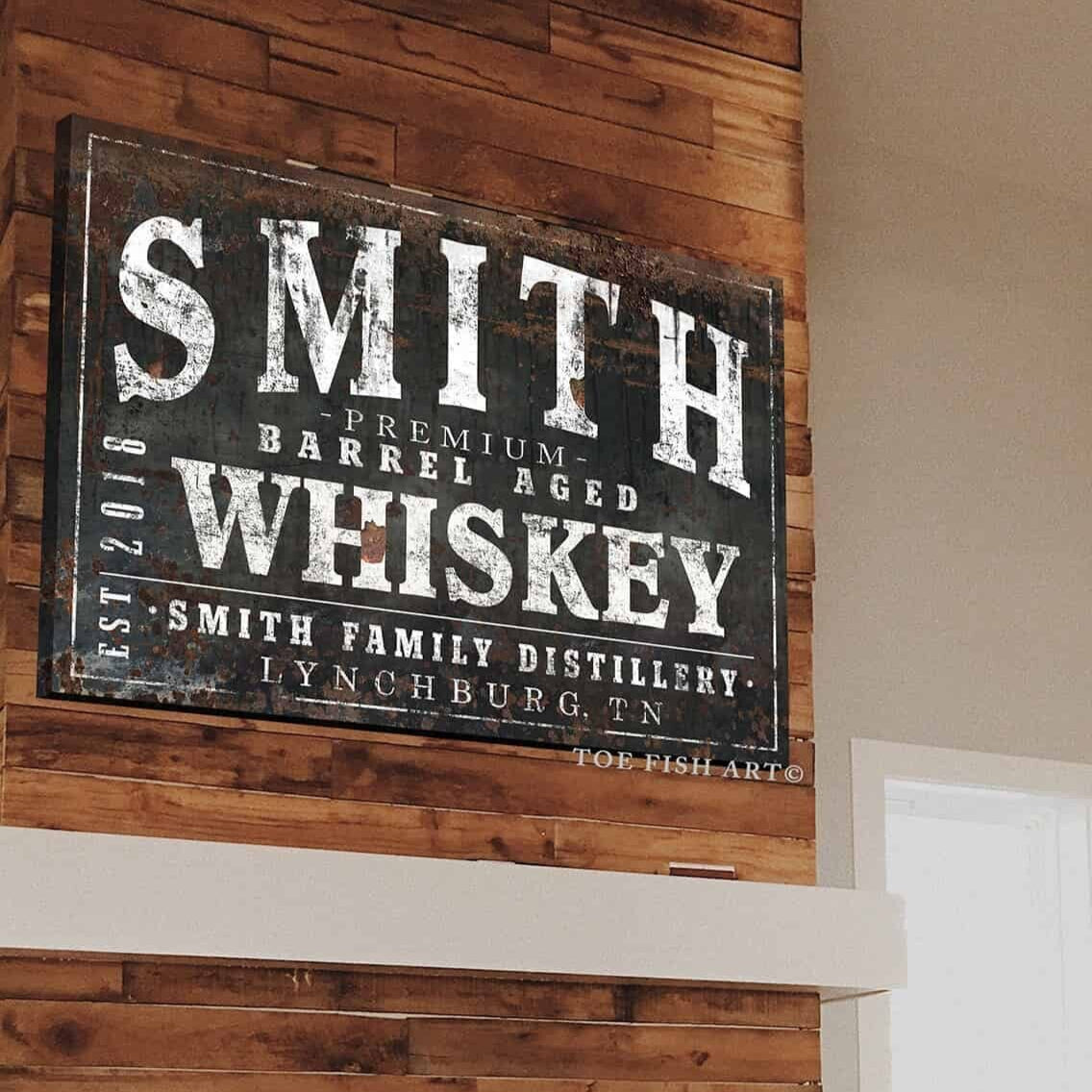 Premium Barrel Aged Whiskey Sign handmade by ToeFishArt. Original, custom, personalized wall decor signs. Canvas, Wood or Metal. Rustic modern farmhouse, cottagecore, vintage, retro, industrial, Americana, primitive, country, coastal, minimalist.