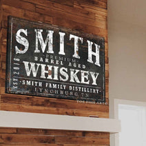 Premium Barrel Aged Whiskey Sign handmade by ToeFishArt. Original, custom, personalized wall decor signs. Canvas, Wood or Metal. Rustic modern farmhouse, cottagecore, vintage, retro, industrial, Americana, primitive, country, coastal, minimalist.