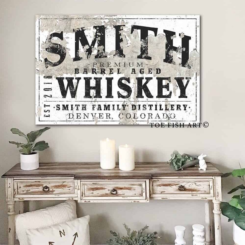 Premium Barrel Aged Whiskey Sign handmade by ToeFishArt. Original, custom, personalized wall decor signs. Canvas, Wood or Metal. Rustic modern farmhouse, cottagecore, vintage, retro, industrial, Americana, primitive, country, coastal, minimalist.