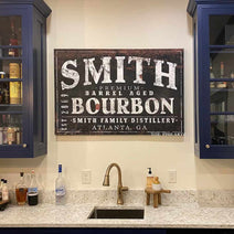 Premium Barrel Aged Whiskey Sign handmade by ToeFishArt. Original, custom, personalized wall decor signs. Canvas, Wood or Metal. Rustic modern farmhouse, cottagecore, vintage, retro, industrial, Americana, primitive, country, coastal, minimalist.