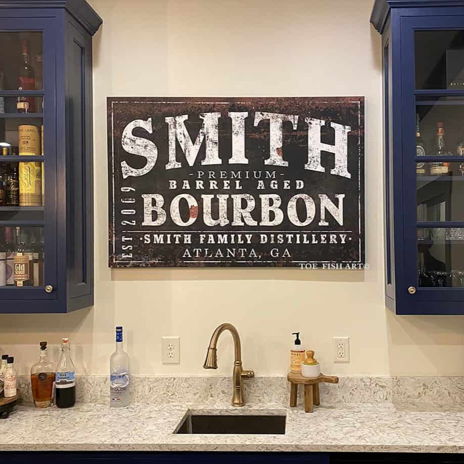 Premium Barrel Aged Whiskey Sign handmade by ToeFishArt. Original, custom, personalized wall decor signs. Canvas, Wood or Metal. Rustic modern farmhouse, cottagecore, vintage, retro, industrial, Americana, primitive, country, coastal, minimalist.