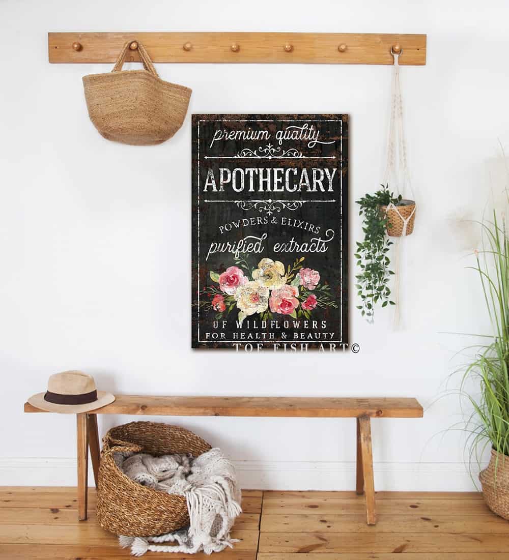 Premium Quality Apothecary Sign handmade by ToeFishArt. Original, custom, personalized wall decor signs. Canvas, Wood or Metal. Rustic modern farmhouse, cottagecore, vintage, retro, industrial, Americana, primitive, country, coastal, minimalist.