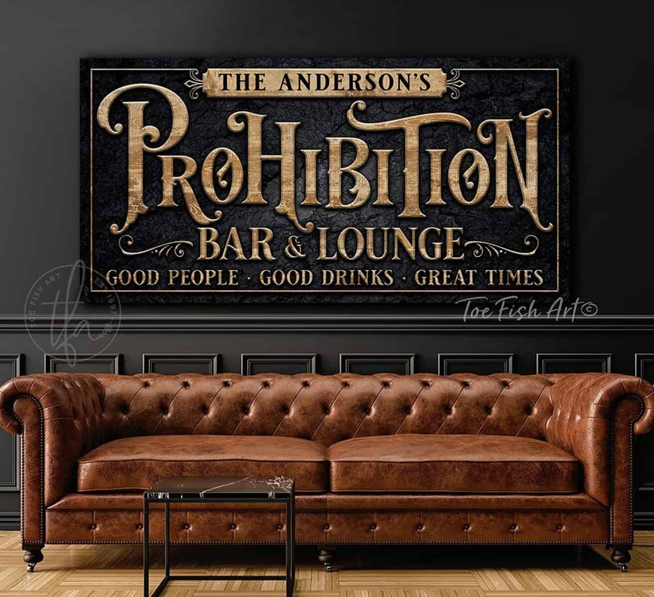 Prohibition Bar & Lounge Personalized Sign handmade by ToeFishArt. Original, custom, personalized wall decor signs. Canvas, Wood or Metal. Rustic modern farmhouse, cottagecore, vintage, retro, industrial, Americana, primitive, country, coastal, minimalist.