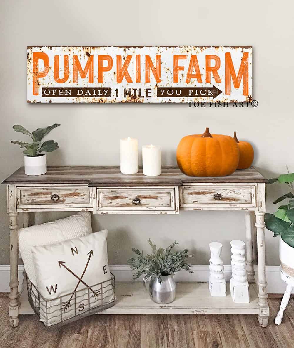 Pumpkin Farm Sign You Pick Open Daily handmade by ToeFishArt. Original, custom, personalized wall decor signs. Canvas, Wood or Metal. Rustic modern farmhouse, cottagecore, vintage, retro, industrial, Americana, primitive, country, coastal, minimalist.
