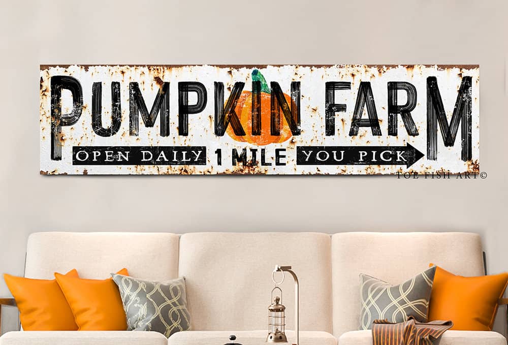 Pumpkin Farm Sign You Pick Open Daily handmade by ToeFishArt. Original, custom, personalized wall decor signs. Canvas, Wood or Metal. Rustic modern farmhouse, cottagecore, vintage, retro, industrial, Americana, primitive, country, coastal, minimalist.