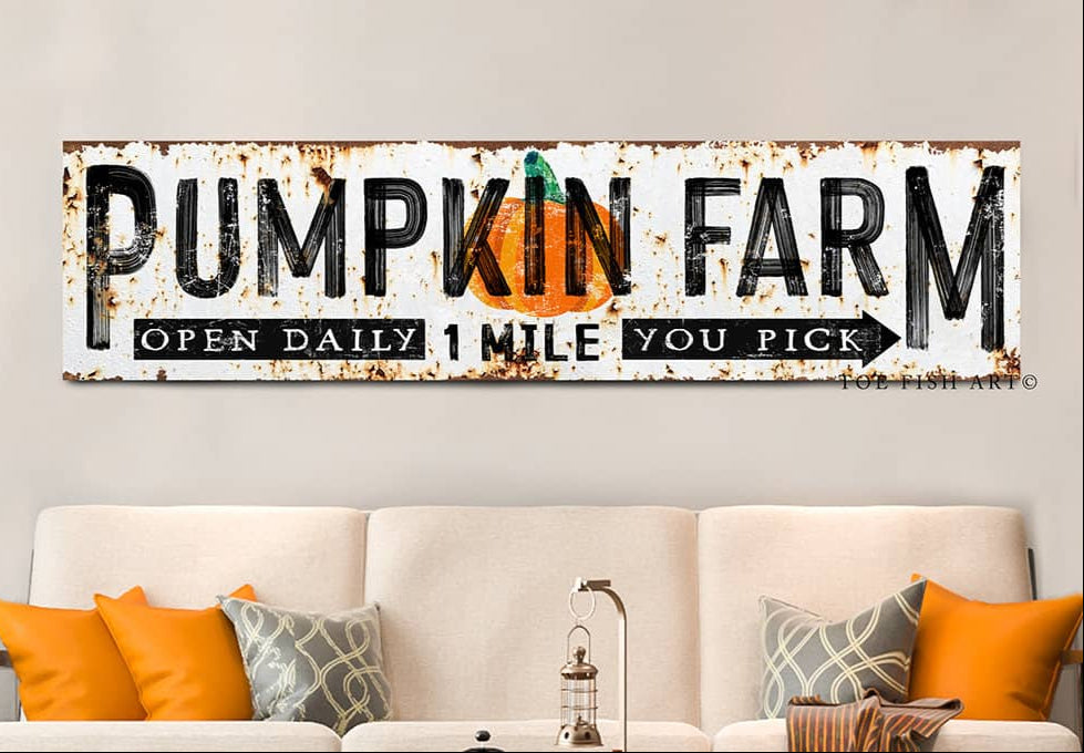 Pumpkin Farm Sign You Pick Open Daily handmade by ToeFishArt. Original, custom, personalized wall decor signs. Canvas, Wood or Metal. Rustic modern farmhouse, cottagecore, vintage, retro, industrial, Americana, primitive, country, coastal, minimalist.