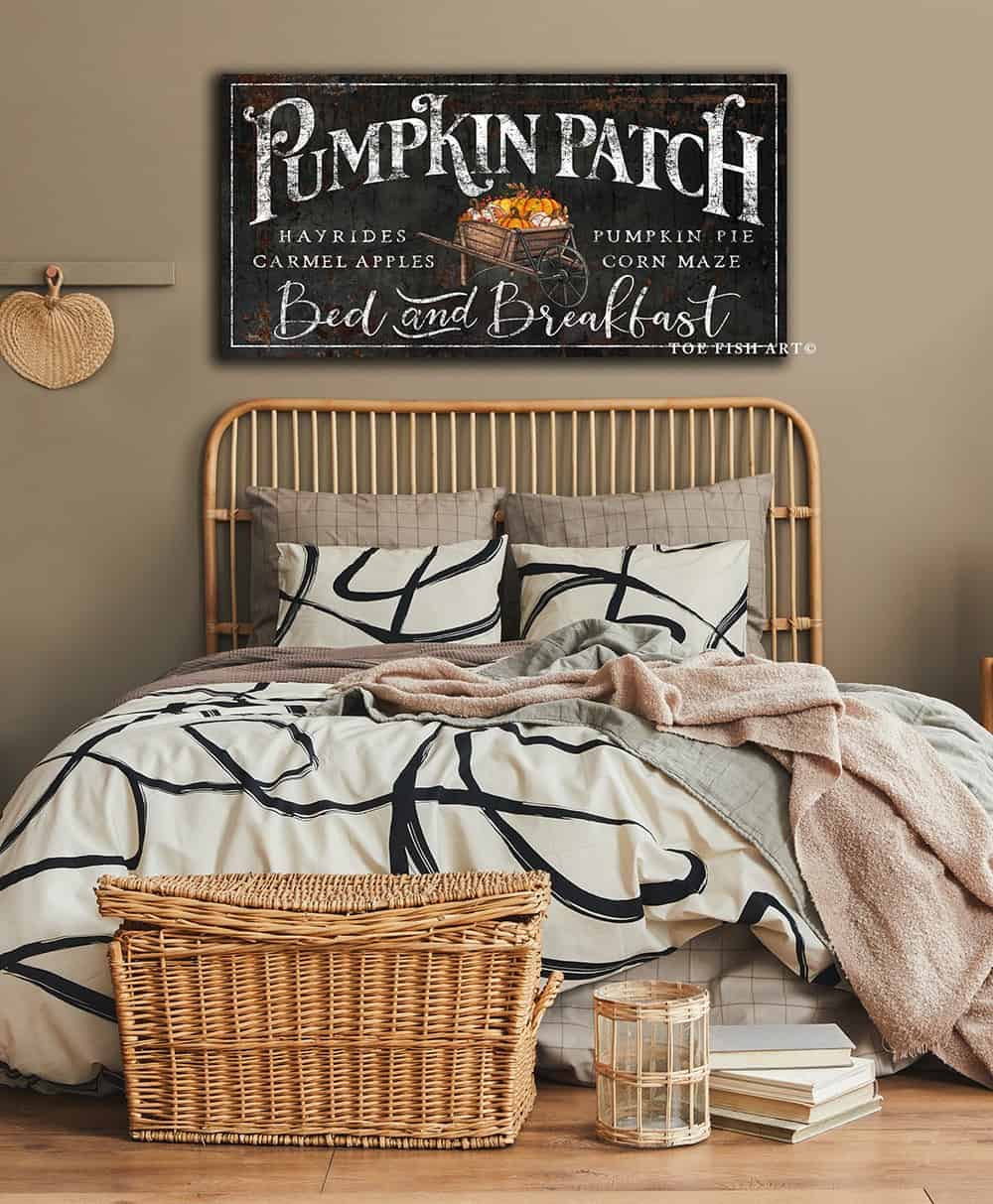 Pumpkin Patch Bed & Breakfast Sign handmade by ToeFishArt. Original, custom, personalized wall decor signs. Canvas, Wood or Metal. Rustic modern farmhouse, cottagecore, vintage, retro, industrial, Americana, primitive, country, coastal, minimalist.