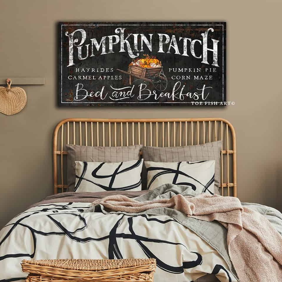 Pumpkin Patch Bed & Breakfast Sign handmade by ToeFishArt. Original, custom, personalized wall decor signs. Canvas, Wood or Metal. Rustic modern farmhouse, cottagecore, vintage, retro, industrial, Americana, primitive, country, coastal, minimalist.