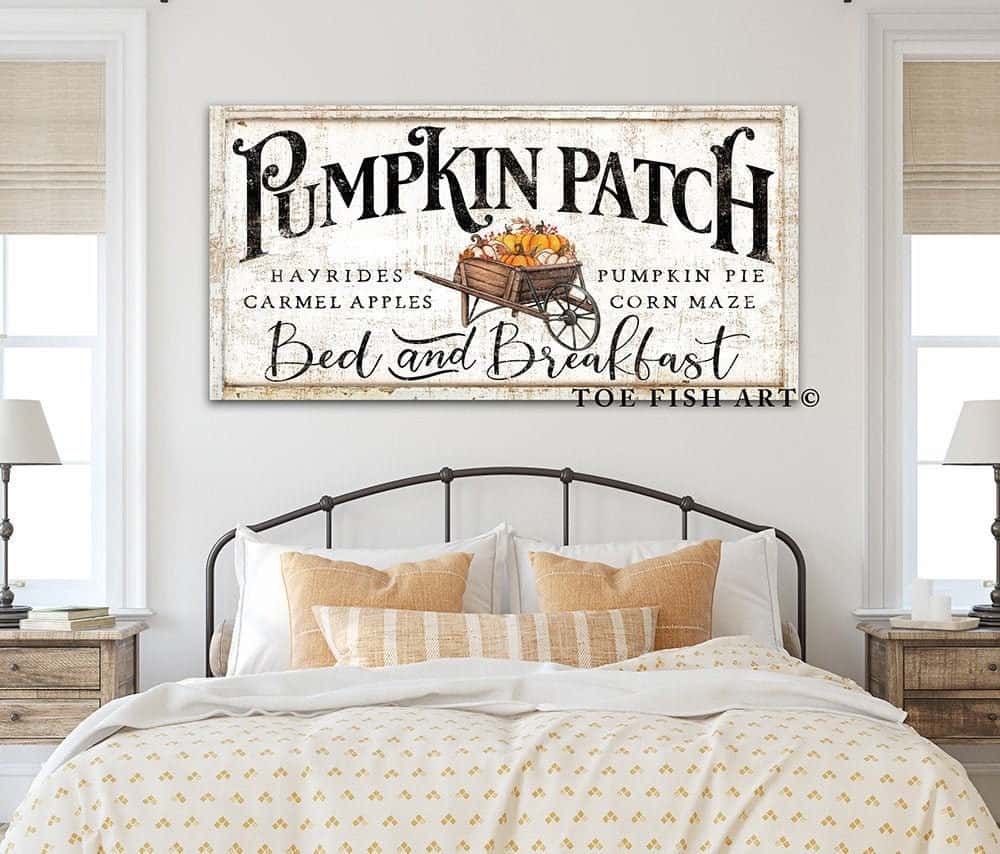 Pumpkin Patch Bed & Breakfast Sign handmade by ToeFishArt. Original, custom, personalized wall decor signs. Canvas, Wood or Metal. Rustic modern farmhouse, cottagecore, vintage, retro, industrial, Americana, primitive, country, coastal, minimalist.