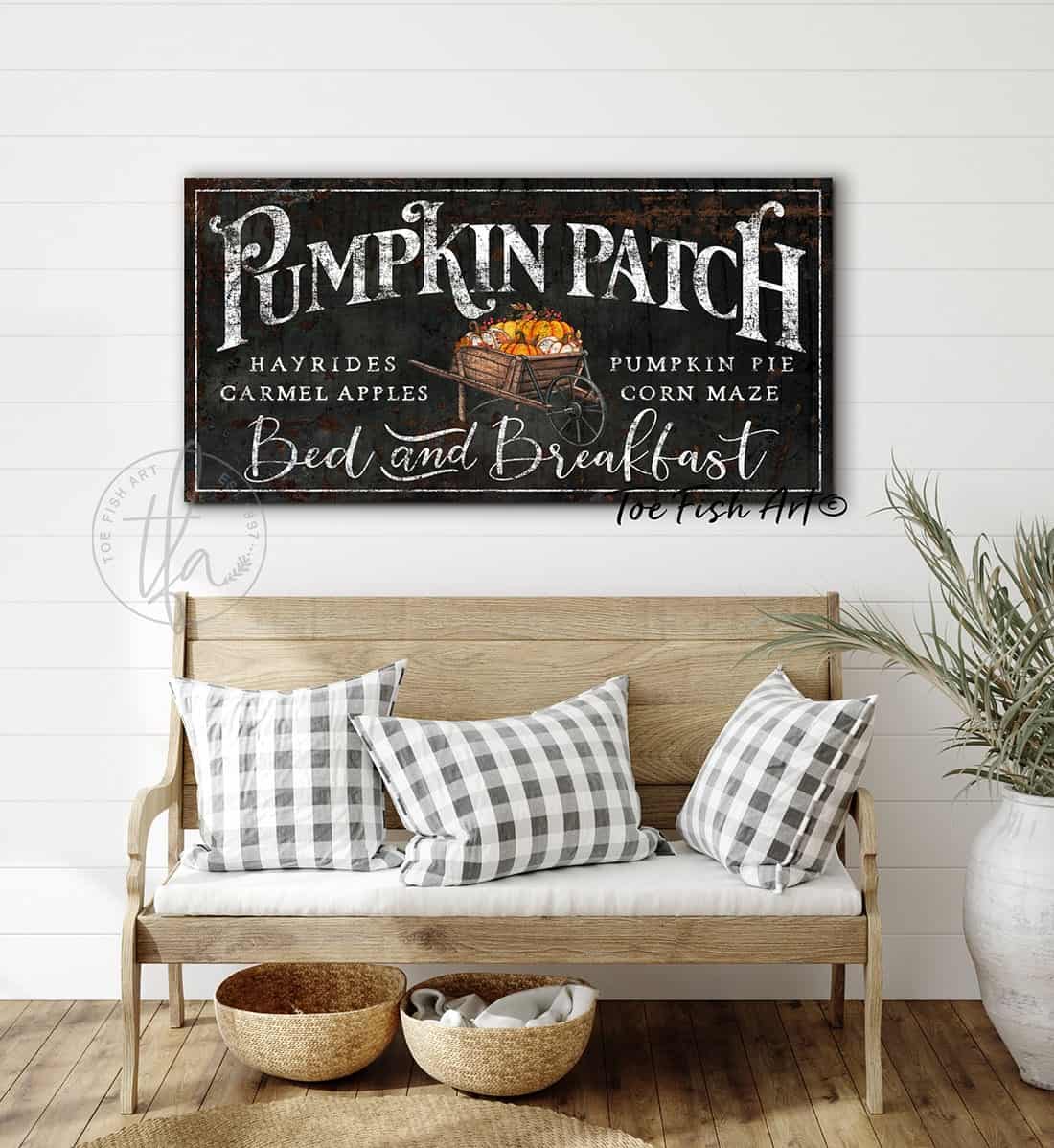 Pumpkin Patch Bed & Breakfast Sign handmade by ToeFishArt. Original, custom, personalized wall decor signs. Canvas, Wood or Metal. Rustic modern farmhouse, cottagecore, vintage, retro, industrial, Americana, primitive, country, coastal, minimalist.