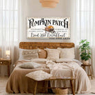 Pumpkin Patch Bed & Breakfast Sign handmade by ToeFishArt. Original, custom, personalized wall decor signs. Canvas, Wood or Metal. Rustic modern farmhouse, cottagecore, vintage, retro, industrial, Americana, primitive, country, coastal, minimalist.