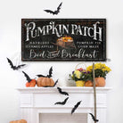 Pumpkin Patch Bed & Breakfast Sign handmade by ToeFishArt. Original, custom, personalized wall decor signs. Canvas, Wood or Metal. Rustic modern farmhouse, cottagecore, vintage, retro, industrial, Americana, primitive, country, coastal, minimalist.