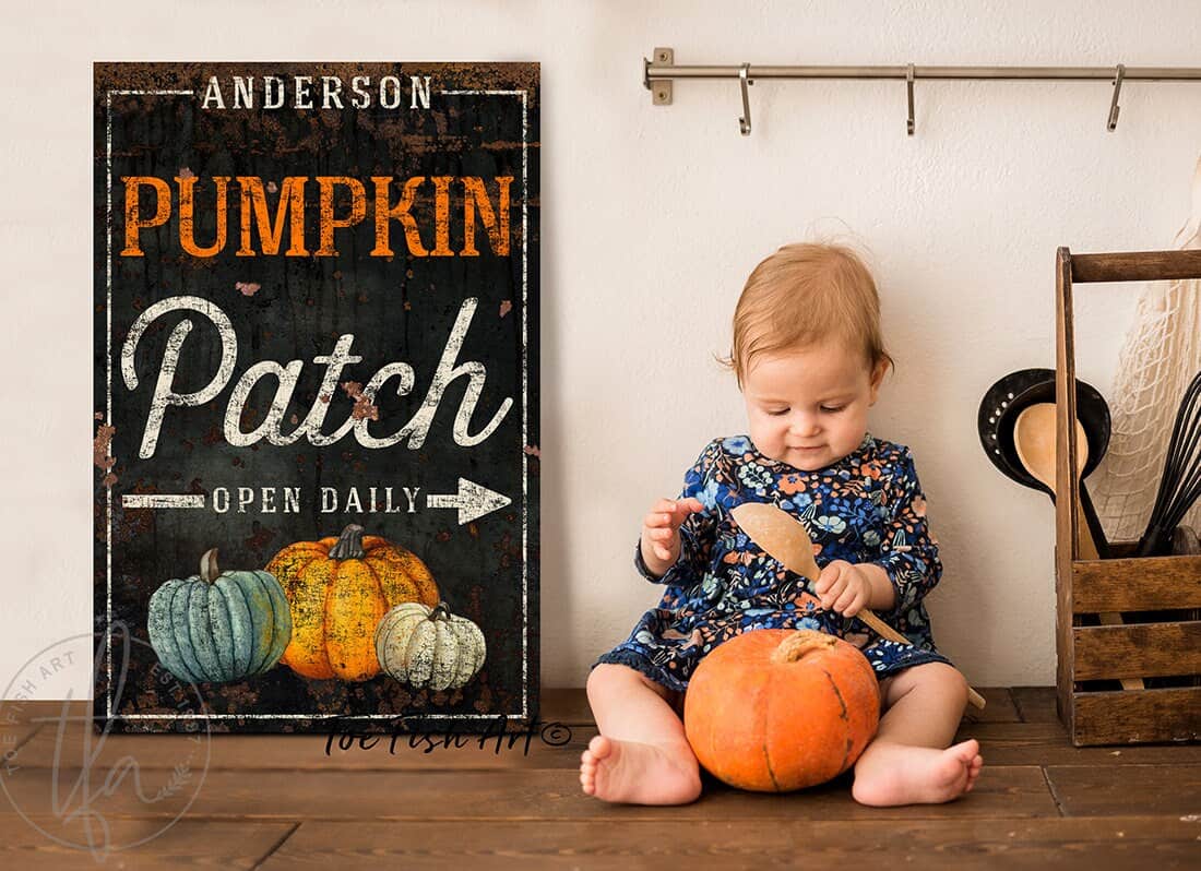 Pumpkin Patch Open Daily Sign handmade by ToeFishArt. Original, custom, personalized wall decor signs. Canvas, Wood or Metal. Rustic modern farmhouse, cottagecore, vintage, retro, industrial, Americana, primitive, country, coastal, minimalist.