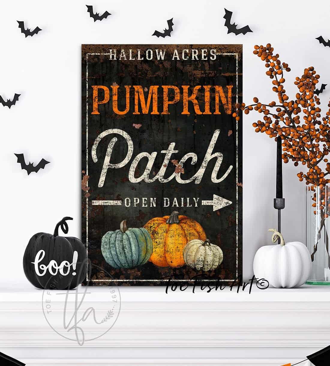 Pumpkin Patch Open Daily Sign handmade by ToeFishArt. Original, custom, personalized wall decor signs. Canvas, Wood or Metal. Rustic modern farmhouse, cottagecore, vintage, retro, industrial, Americana, primitive, country, coastal, minimalist.