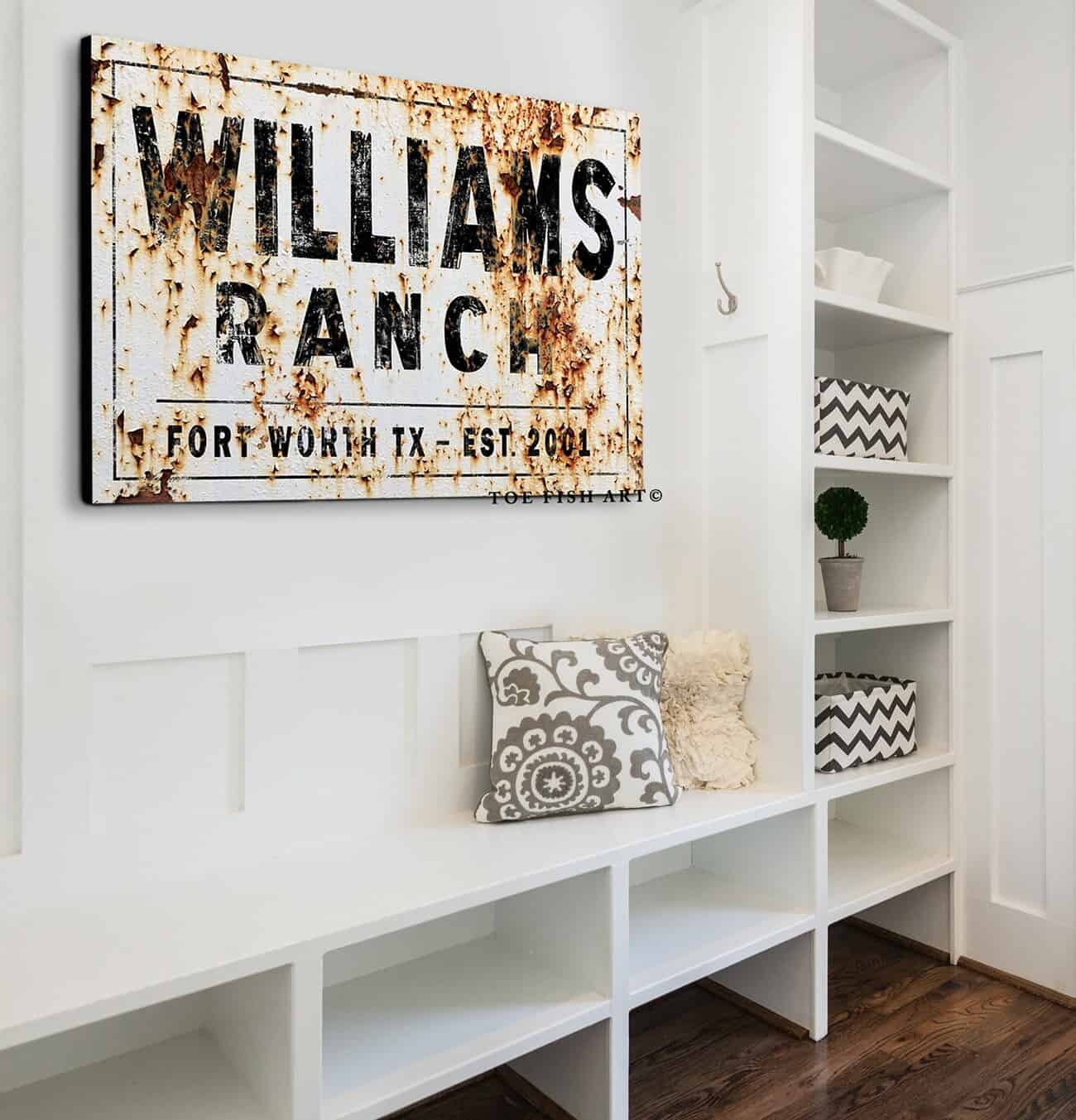 Ranch Sign handmade by ToeFishArt. Original, custom, personalized wall decor signs. Canvas, Wood or Metal. Rustic modern farmhouse, cottagecore, vintage, retro, industrial, Americana, primitive, country, coastal, minimalist.
