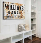 Ranch Sign handmade by ToeFishArt. Original, custom, personalized wall decor signs. Canvas, Wood or Metal. Rustic modern farmhouse, cottagecore, vintage, retro, industrial, Americana, primitive, country, coastal, minimalist.