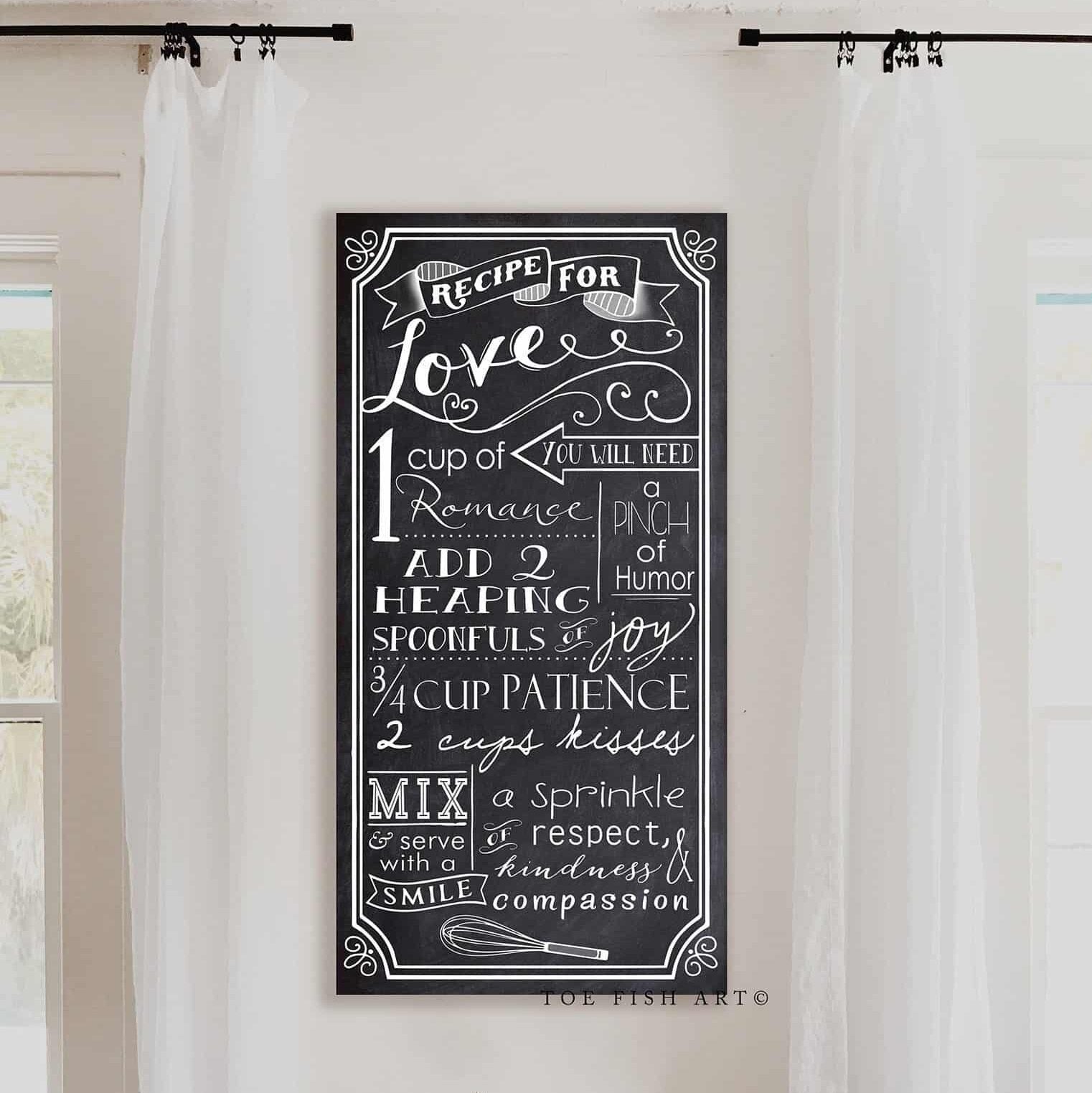 Recipe for Love Sign handmade by ToeFishArt. Original, custom, personalized wall decor signs. Canvas, Wood or Metal. Rustic modern farmhouse, cottagecore, vintage, retro, industrial, Americana, primitive, country, coastal, minimalist.