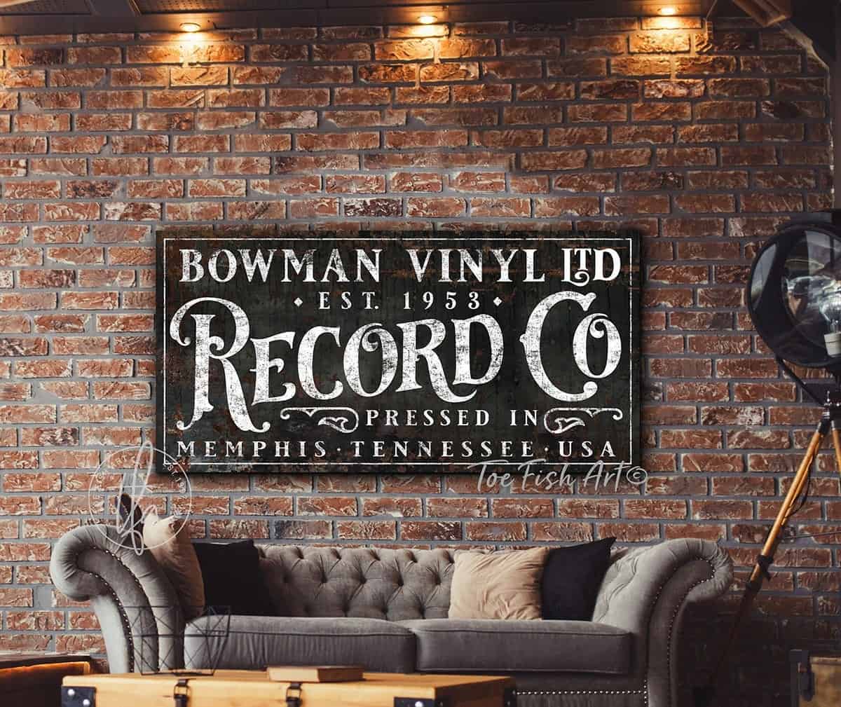 Record Co Sign handmade by ToeFishArt. Original, custom, personalized wall decor signs. Canvas, Wood or Metal. Rustic modern farmhouse, cottagecore, vintage, retro, industrial, Americana, primitive, country, coastal, minimalist.
