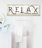 Relax and Unwind Sign handmade by ToeFishArt. Original, custom, personalized wall decor signs. Canvas, Wood or Metal. Rustic modern farmhouse, cottagecore, vintage, retro, industrial, Americana, primitive, country, coastal, minimalist.