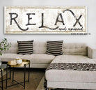 Relax and Unwind Sign handmade by ToeFishArt. Original, custom, personalized wall decor signs. Canvas, Wood or Metal. Rustic modern farmhouse, cottagecore, vintage, retro, industrial, Americana, primitive, country, coastal, minimalist.