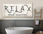 Relax and Unwind Sign handmade by ToeFishArt. Original, custom, personalized wall decor signs. Canvas, Wood or Metal. Rustic modern farmhouse, cottagecore, vintage, retro, industrial, Americana, primitive, country, coastal, minimalist.