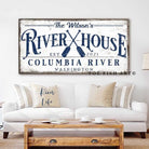 River House Sign handmade by ToeFishArt. Original, custom, personalized wall decor signs. Canvas, Wood or Metal. Rustic modern farmhouse, cottagecore, vintage, retro, industrial, Americana, primitive, country, coastal, minimalist.
