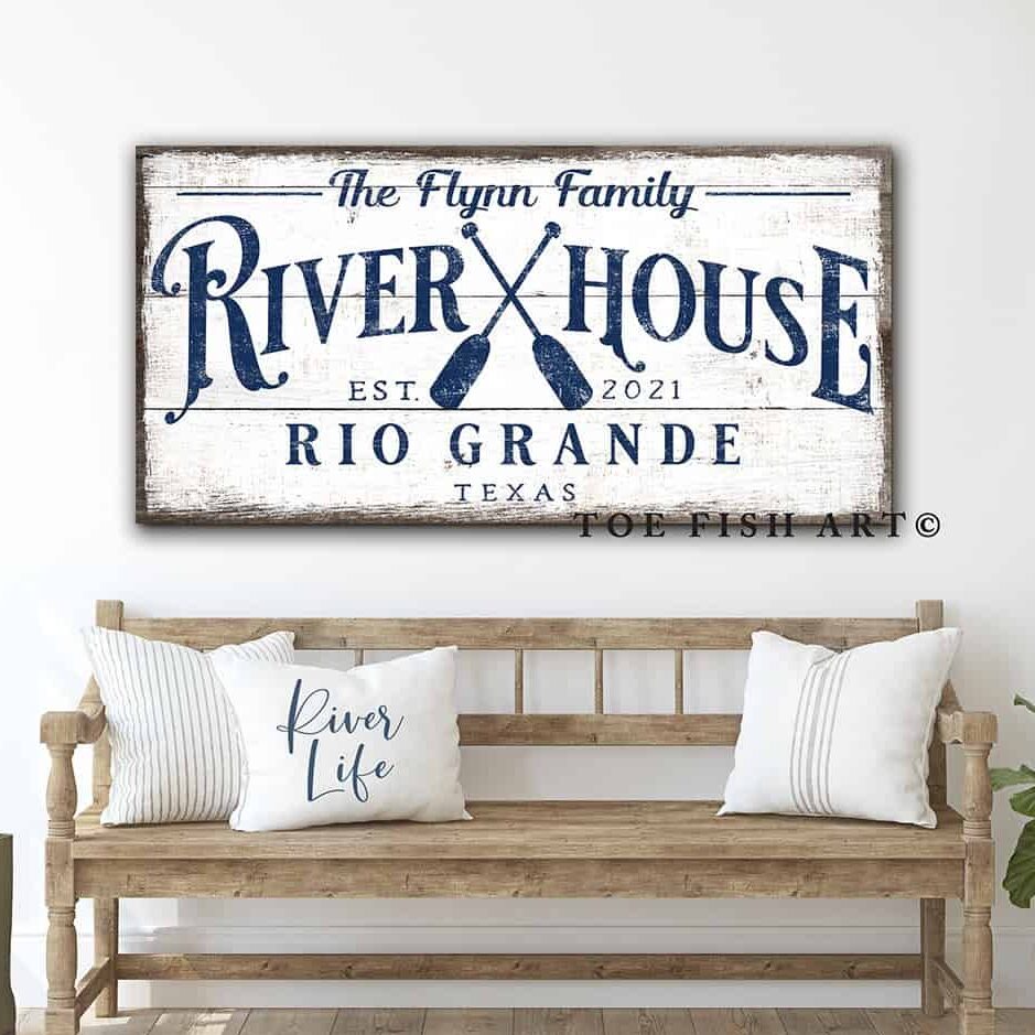 River House Sign handmade by ToeFishArt. Original, custom, personalized wall decor signs. Canvas, Wood or Metal. Rustic modern farmhouse, cottagecore, vintage, retro, industrial, Americana, primitive, country, coastal, minimalist.