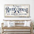 River House Sign handmade by ToeFishArt. Original, custom, personalized wall decor signs. Canvas, Wood or Metal. Rustic modern farmhouse, cottagecore, vintage, retro, industrial, Americana, primitive, country, coastal, minimalist.