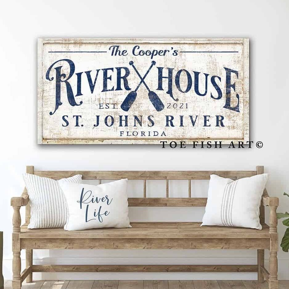 River House Sign handmade by ToeFishArt. Original, custom, personalized wall decor signs. Canvas, Wood or Metal. Rustic modern farmhouse, cottagecore, vintage, retro, industrial, Americana, primitive, country, coastal, minimalist.