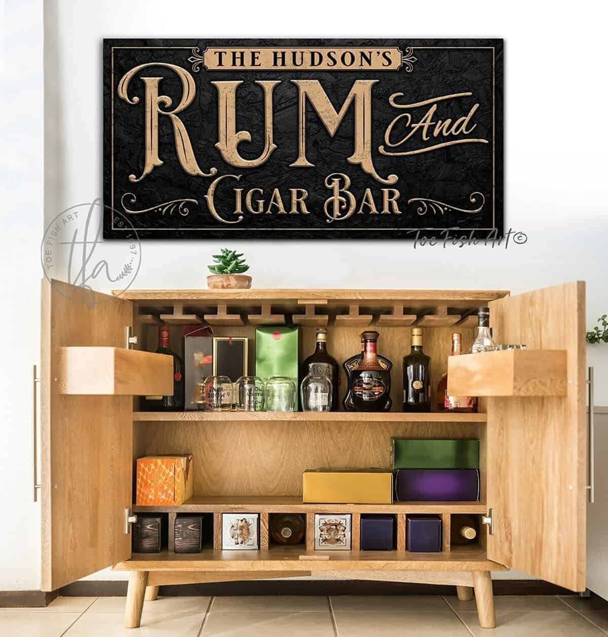 Rum and Cigar Bar Personalized Sign man cave & lounge wall art decor handmade by ToeFishArt. Original, custom, personalized wall decor signs. Canvas, Wood or Metal. Rustic modern farmhouse, cottagecore, vintage, retro, industrial, Americana, primitive, country, coastal, minimalist.