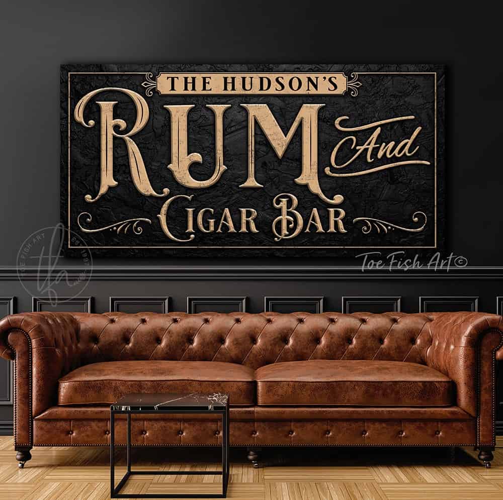 Rum and Cigar Bar Personalized Sign man cave & lounge wall art decor handmade by ToeFishArt. Original, custom, personalized wall decor signs. Canvas, Wood or Metal. Rustic modern farmhouse, cottagecore, vintage, retro, industrial, Americana, primitive, country, coastal, minimalist.