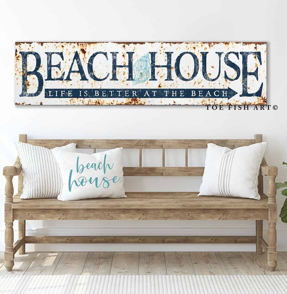 Rustic Beach House Sign Life is Better handmade by ToeFishArt. Original, custom, personalized wall decor signs. Canvas, Wood or Metal. Rustic modern farmhouse, cottagecore, vintage, retro, industrial, Americana, primitive, country, coastal, minimalist.
