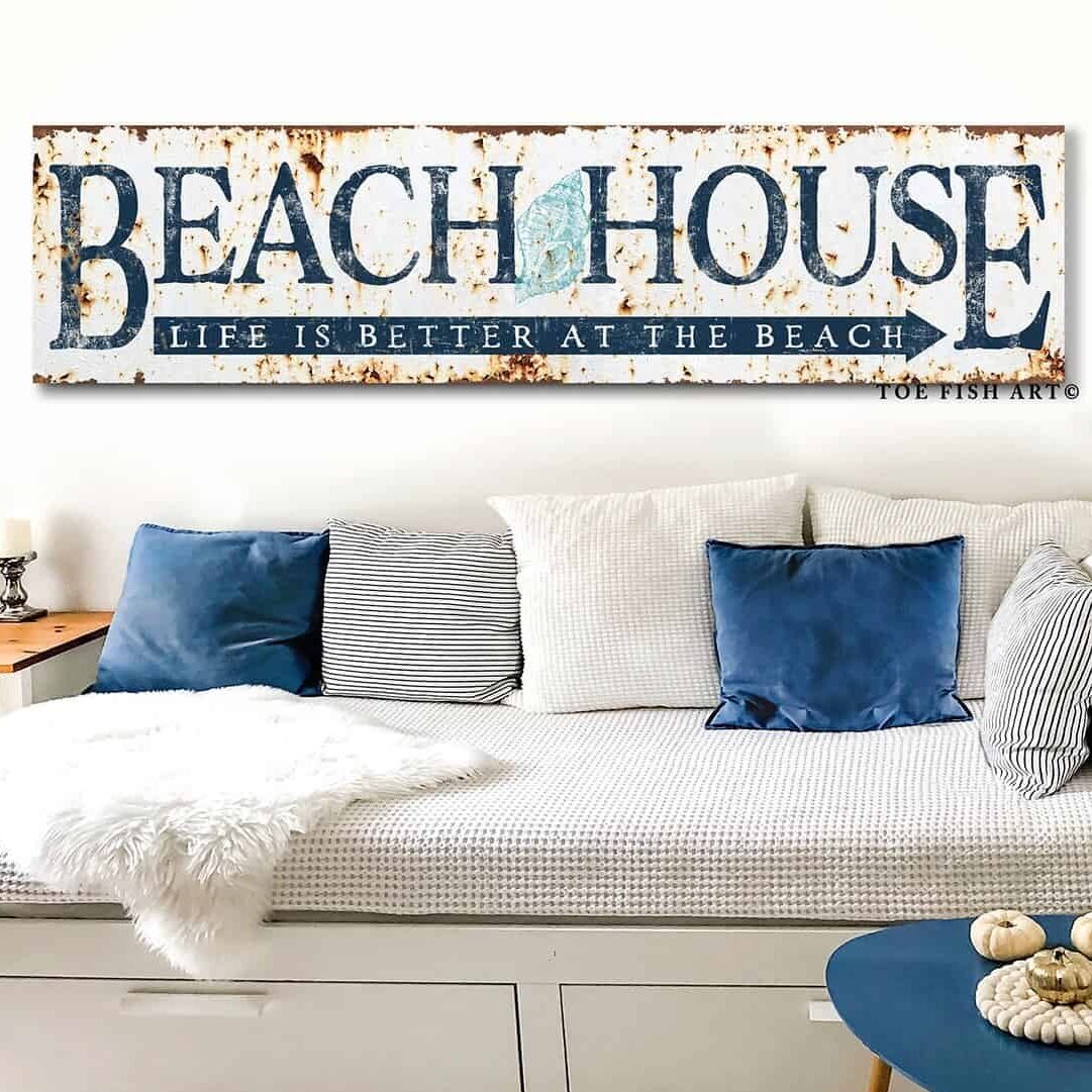 Rustic Beach House Sign Life is Better handmade by ToeFishArt. Original, custom, personalized wall decor signs. Canvas, Wood or Metal. Rustic modern farmhouse, cottagecore, vintage, retro, industrial, Americana, primitive, country, coastal, minimalist.