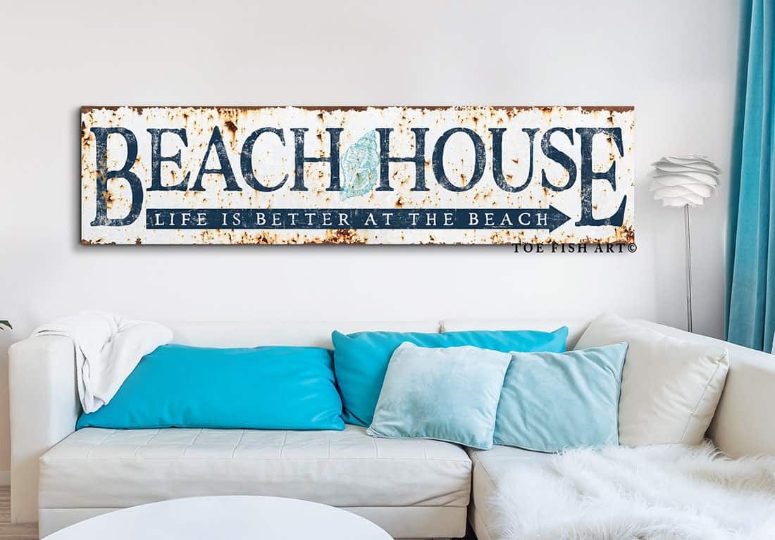 Rustic Beach House Sign Life is Better handmade by ToeFishArt. Original, custom, personalized wall decor signs. Canvas, Wood or Metal. Rustic modern farmhouse, cottagecore, vintage, retro, industrial, Americana, primitive, country, coastal, minimalist.