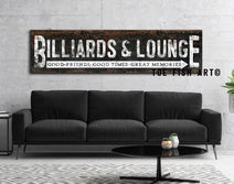 Rustic Billiards & Lounge Sign handmade by ToeFishArt. Original, custom, personalized wall decor signs. Canvas, Wood or Metal. Rustic modern farmhouse, cottagecore, vintage, retro, industrial, Americana, primitive, country, coastal, minimalist.