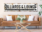 Rustic Billiards & Lounge Sign handmade by ToeFishArt. Original, custom, personalized wall decor signs. Canvas, Wood or Metal. Rustic modern farmhouse, cottagecore, vintage, retro, industrial, Americana, primitive, country, coastal, minimalist.