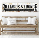 Rustic Billiards & Lounge Sign handmade by ToeFishArt. Original, custom, personalized wall decor signs. Canvas, Wood or Metal. Rustic modern farmhouse, cottagecore, vintage, retro, industrial, Americana, primitive, country, coastal, minimalist.