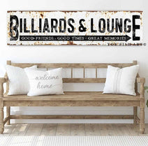 Rustic Billiards & Lounge Sign handmade by ToeFishArt. Original, custom, personalized wall decor signs. Canvas, Wood or Metal. Rustic modern farmhouse, cottagecore, vintage, retro, industrial, Americana, primitive, country, coastal, minimalist.