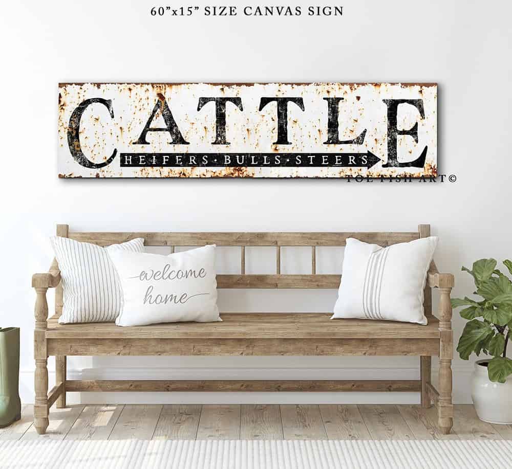 Rustic Cattle Sign Heifers Bulls Steers handmade by ToeFishArt. Original, custom, personalized wall decor signs. Canvas, Wood or Metal. Rustic modern farmhouse, cottagecore, vintage, retro, industrial, Americana, primitive, country, coastal, minimalist.