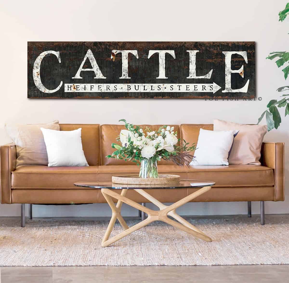 Rustic Cattle Sign Heifers Bulls Steers handmade by ToeFishArt. Original, custom, personalized wall decor signs. Canvas, Wood or Metal. Rustic modern farmhouse, cottagecore, vintage, retro, industrial, Americana, primitive, country, coastal, minimalist.